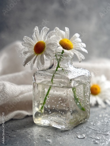 Two dewy chamomile flowers in a small, square glass vase sit on a grey surface, partially draped with a light-colored cloth.  Water droplets adorn the vase and surface