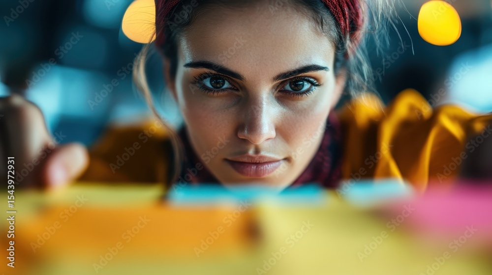 Fototapeta premium A young woman intensely studies sticky notes while immersed in her work, portraying determination, creativity, and focus in a stylish and artistic environment.