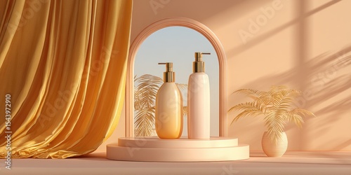 Two elegant lotion bottles sit on a peach-toned platform, flanked by pampas grass and a flowing gold curtain, bathed in soft sunlight