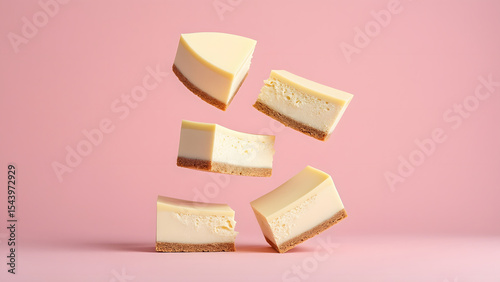 Wallpaper Mural Levitating cheesecake pieces with creamy texture and crumbly crust on pink background, showcasing delicious dessert slices in mid air Torontodigital.ca