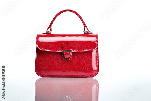 Red patent leather purse with handle and metal closure reflecting on a white surface