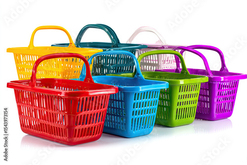 Seven colorful plastic shopping baskets each a different hue are arranged on a white surface