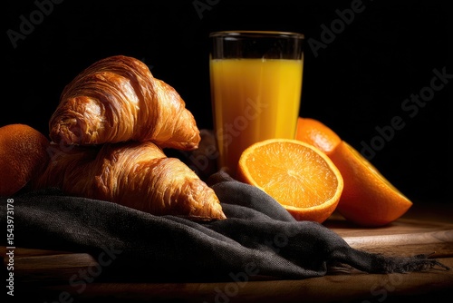 Two golden croissants, nestled on dark fabric, beside a glass of orange juice and halved oranges, set against a black background