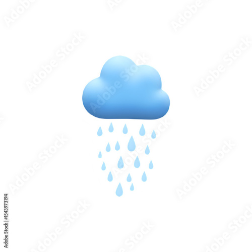 3D Render: Blue Cloud with Rain Drops - Weather Icon, Graphic Element, Minimalist Design
