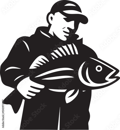 Fisherman holding large fish vintage style, Retro fishing scene black and white drawing
