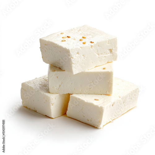 Stack of four rectangular white cheese blocks some topped with scattered brown seeds on a white background