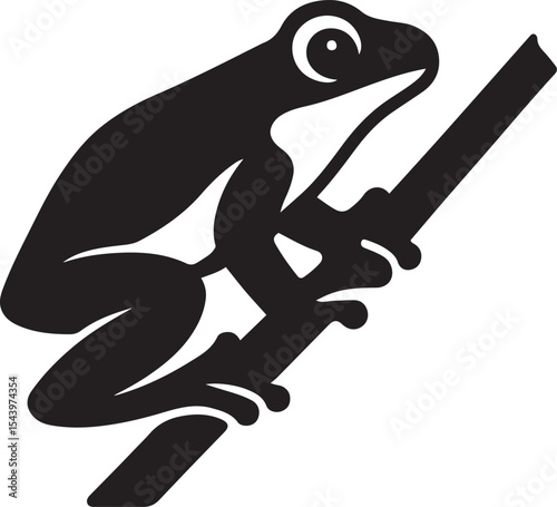 Tree frog perched on branch silhouette art, Amphibian resting vector nature theme
