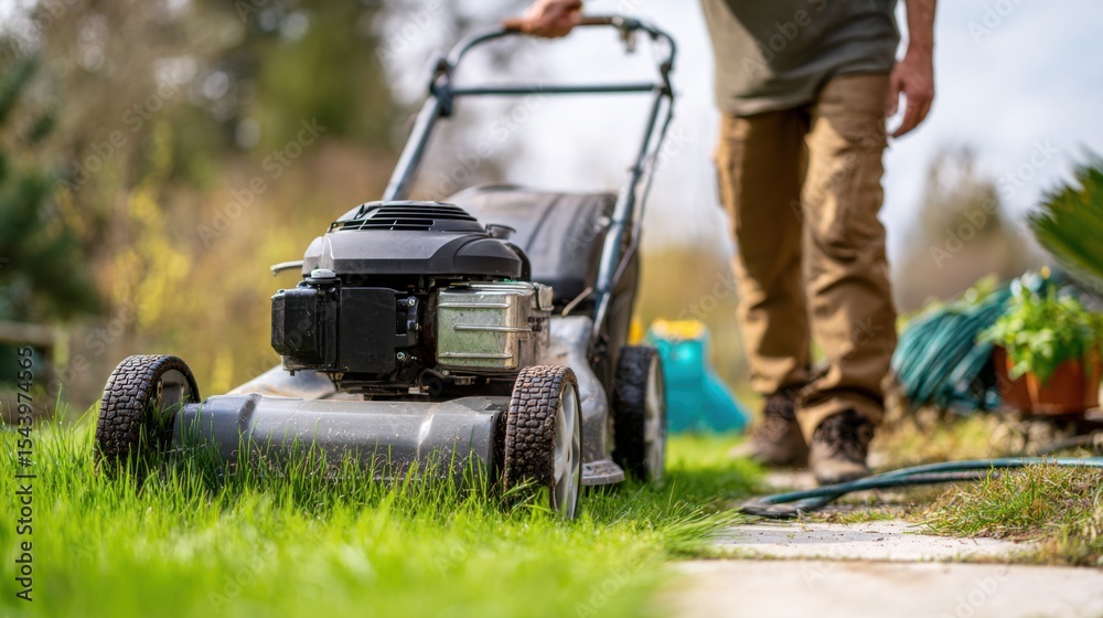 Fototapeta premium Man cleaning grass and dirt from the bottom of a lawn mower, garden background, water hose and tools nearby, realistic photo style