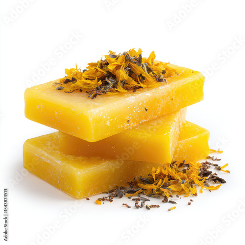 Stack of three rectangular yellow blocks sprinkled with petals against a white background