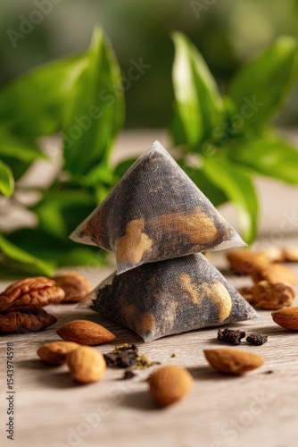 Two pyramid tea bags filled with dark tea leaves and nuts rest on a wood surface near scattered nuts and fresh green leaves