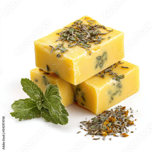 Stacked yellow cheese blocks garnished with dried herbs and a mint sprig on a white background