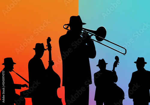 Silhouettes of a jazz band, featuring trombone, upright bass, and other musicians, against an orange and blue backdrop