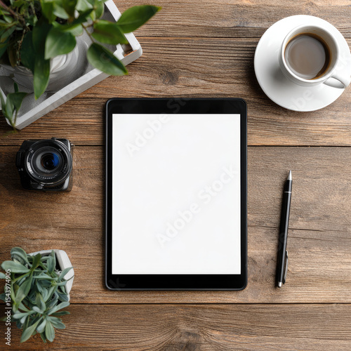 Tablet on a wooden surface with camera plant coffee  pen