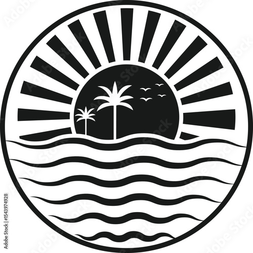 Minimalist Tropical Palm Tree Sunset Icon in Circular Badge