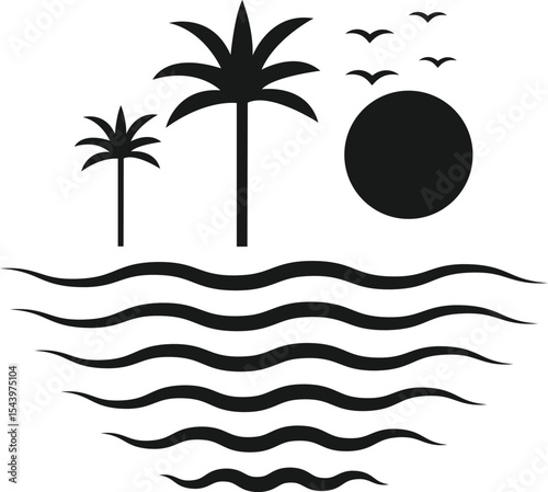 Beach Sunset Logo Design with Palm Trees, Waves and Birds