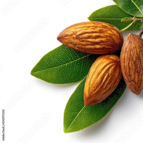 Three almonds atop green leaves on a white surface