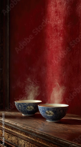 Two steaming blue-and-white bowls sit on a dark wooden surface against a rich red wall, illuminated by a shaft of light