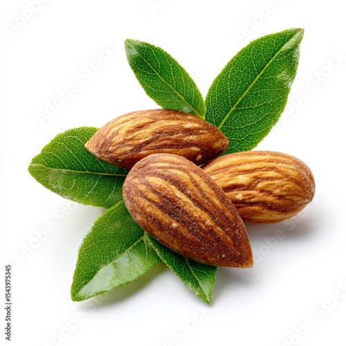 Three almonds with leaves arranged centrally on a white background