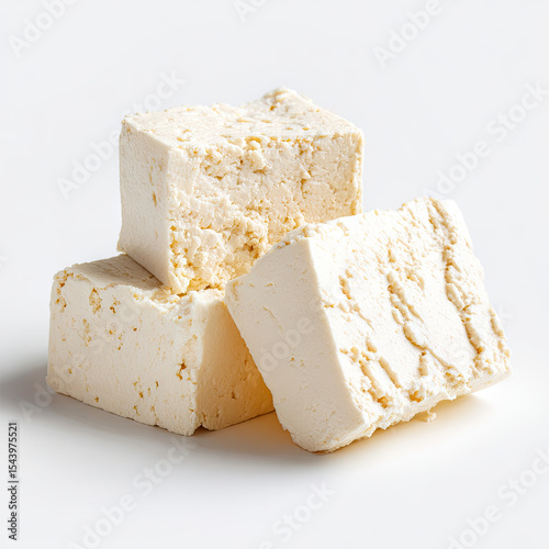 Three blocks of lightcolored tofu stacked on a white surface displaying a rough textured appearance