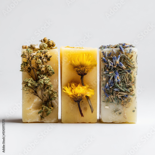 Three handcrafted soaps each decorated with different dried plants sit on a plain white surface