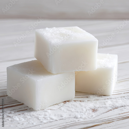 Three white cubeshaped soap bars are stacked on a weathered white wooden surface sprinkled with a powdery substance