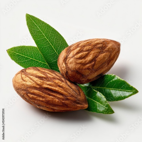 Two almonds are nestled among glossy green leaves against a white backdrop