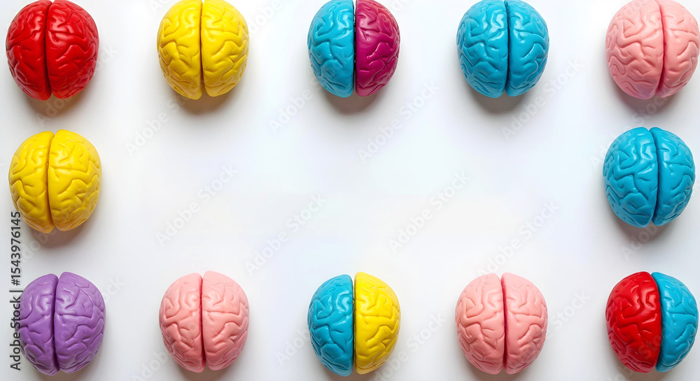 Obraz premium Pattern of colorful toy brains on white background expressing uniqueness and neurodivergent cognition, autism, ADHD