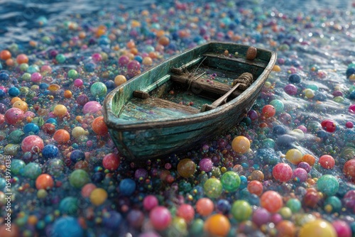 Weathered rowboat adrift in a sea of colorful buoyant spheres
