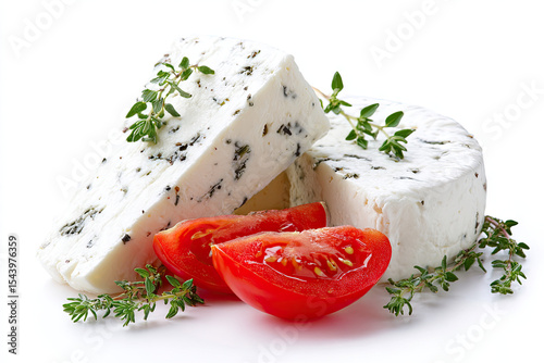 Two cheese blocks beside tomato slices adorned with thyme sprigs on a white surface