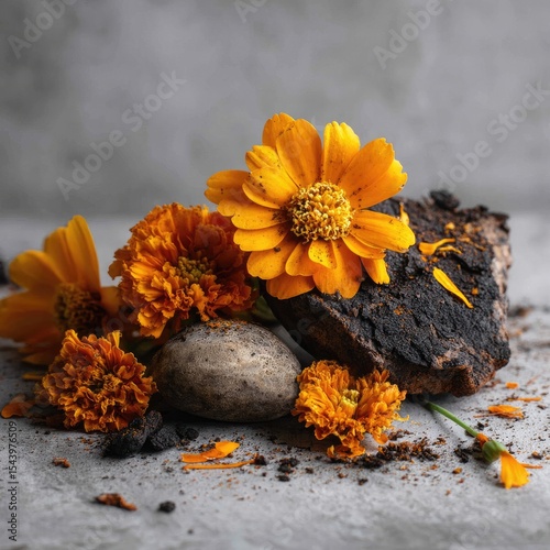Vibrant orange flowers and dark charcoal, nestled on a grey surface, alongside a smooth grey stone, creating a striking contrast of color and texture