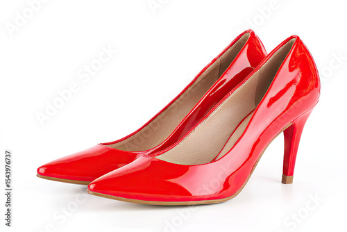 Two red patent leather highheeled shoes sit sidebyside on a white surface