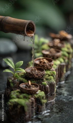 Water pours from bamboo into acorn-shaped vessels arranged on mossy wood, creating a serene miniature water feature
