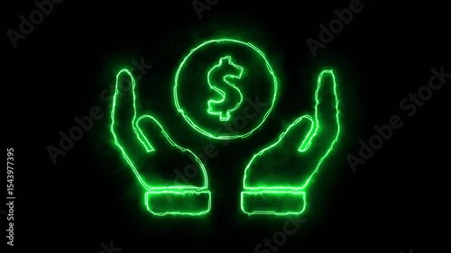 Neon hands holding gear with dollar sing. financial growth and business investment concept. Hand Receiving Coin Icons.  HD, 4K animation video - Vector Animate. 