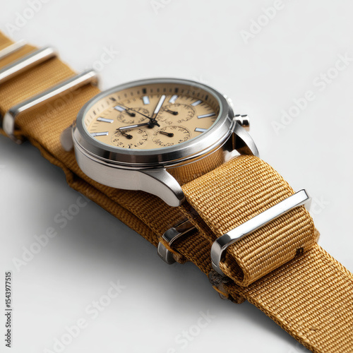 Wristwatch closeup featuring a silver case beige face and tan nylon band lying on a white surface