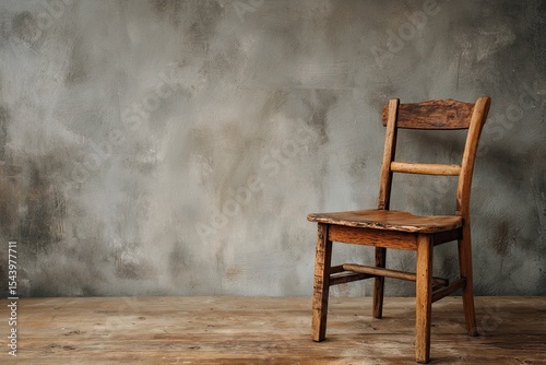Weathered wooden chair against a textured grey wall on a wooden floor