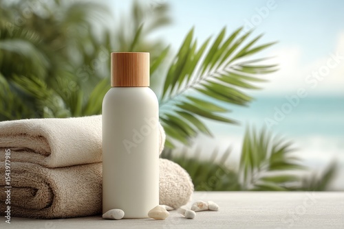 White bottle with wooden cap sits on a light surface near beige towels and tropical foliage with an ocean backdrop