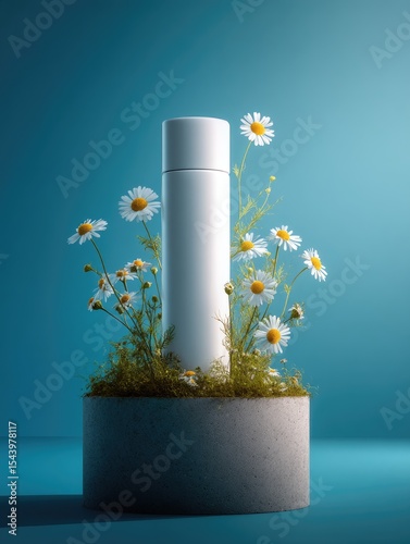 White cylindrical container nestled amongst chamomile flowers in a grey concrete base against a teal backdrop