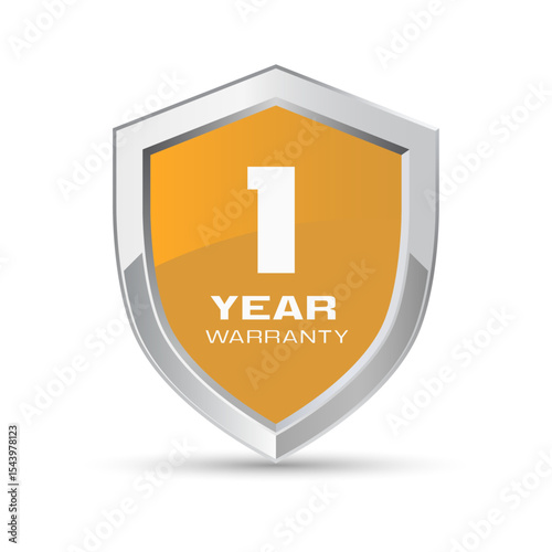 1 year warranty silver metal shield in orange color vector illustration. One year warranty logo.