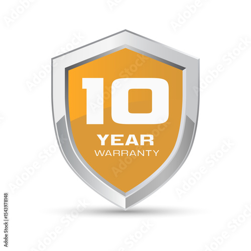 10 year warranty silver metal shield in orange color vector illustration. Ten year warranty logo.