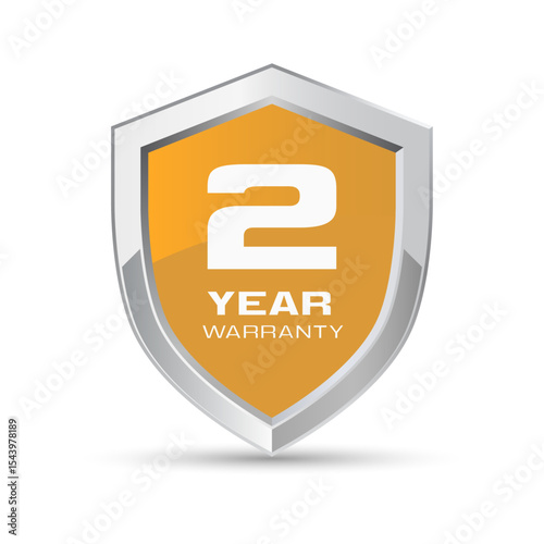 2 year warranty silver metal shield in orange color vector illustration. Two year warranty logo.
