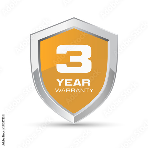 3 year warranty silver metal shield in orange color vector illustration. Three year warranty logo.