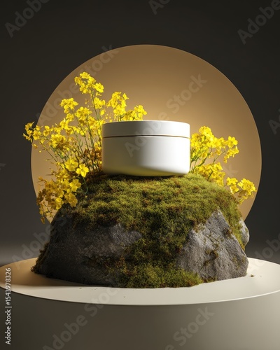 White jar atop moss-covered rock, encircled by yellow flowers against a muted background