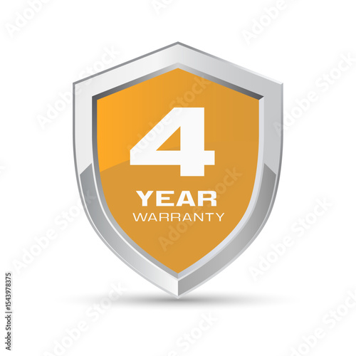 4 year warranty silver metal shield in orange color vector illustration. Four year warranty logo.