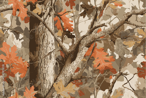 Vector autumn leaves hunting camouflage design. Seamless pattern. Digital camouflage background. Forest jungle texture.High-resolution seamless pattern of camouflage with autumn leaves, tree branches.