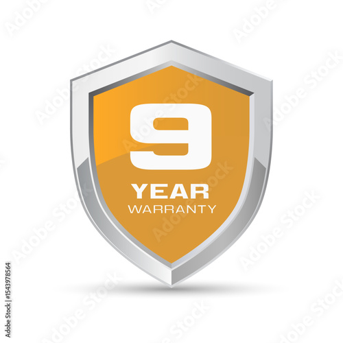 9 year warranty silver metal shield in orange color vector illustration. Nine year warranty logo.