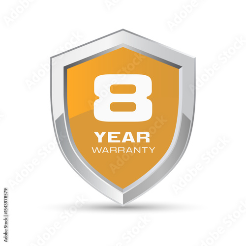 8 year warranty silver metal shield in orange color vector illustration. Eight year warranty logo.