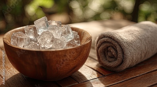 Wooden bowl filled with ice cubes sits beside a rolled-up towel on a sun-drenched wooden surface, outdoors