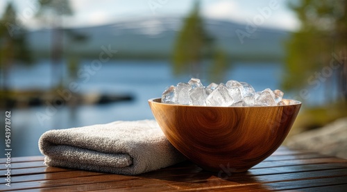 Wooden bowl filled with ice cubes sits beside a towel on a wooden surface outdoors, with a tranquil lake and forest in the background
