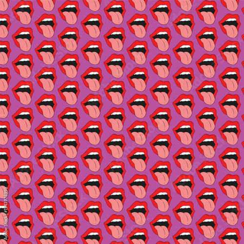 Repeating pattern of red lips and tongues on a pink background
