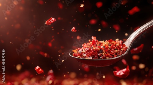 Vibrant red chili flakes are captured in mid-air, showcasing the vivid color and texture of this spicy culinary ingredient, perfect for food lovers and chefs alike.